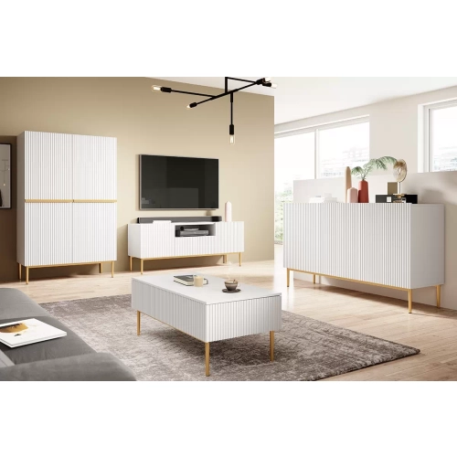 Szafka RTV Nicole 150 cm z szufladą i wnęką - biały mat / złote nóżki